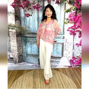 EUC LA STRADA SILK BLEND PINK PASTEL FLORAL KEYHOLE BLOUSE SZ S